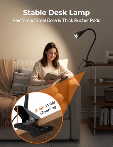 Image of Clip on Light, Desk Lamp with Clamp and Adapter, LED Eye Caring Reading Light for Bed with 3 Colors & 10 Brightness Levels, Clamp Light with Flexible Gooseneck for Bedroom, Office, Dorm