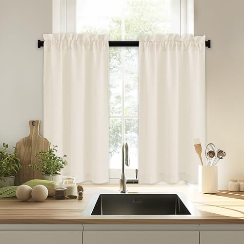 RYB HOME Cafe Curtains 24 inches Length, Linen Sheer Short Curtains for Small Window, Half Privacy Light Filetring Window Tier Valance for Kitchen Bathroom, W 26 x L 24, Beige, 2 Panels Set