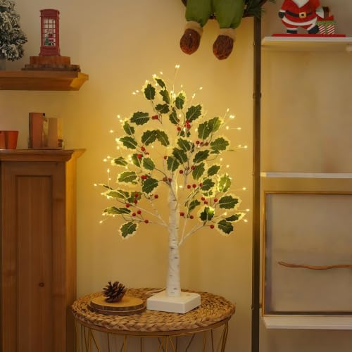 Lampe Noël bouleau rouge et feuilles vertes USB ou piles