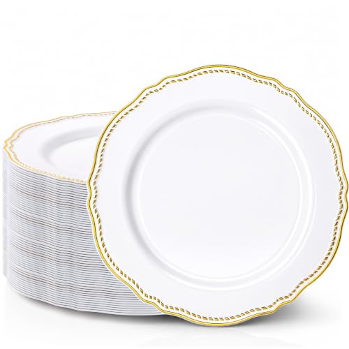Hioasis 60 Pcs White Gold Dinner Plates for Wedding