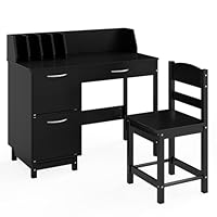 Maxmass Kids Desk and Chair, Children Wooden Writing Table with Tabletop Bookshelf, Pull-out Drawer & 2 Storage Cabinets, Toddlers Study Furniture Set for 3-8 Years Old (Black)
