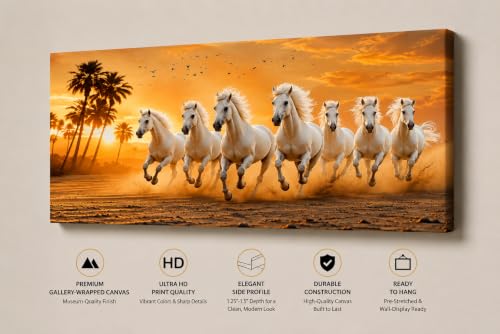Image of 7 Horse Vastu Sunrise Canvas Painting | Positive Energy Wall Decor | Big Size Premium Running Horses Artwork for Home, Office & Hall Decoration (Modern, Sky Horse, 44x20 Inch)