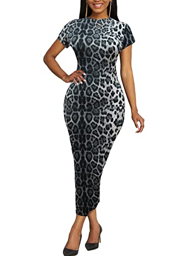 Image of Women's Long Bodycon Dresses Leopard Print Casual Maxi Club Party Tight Dress Short Sleeve