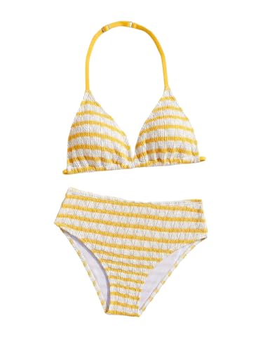 Image of RoseSeek Girl's Tie Dye Smocked 2 Piece Swimwear Sets Backless Halter Bikini Cute Brief Bathing Suit
