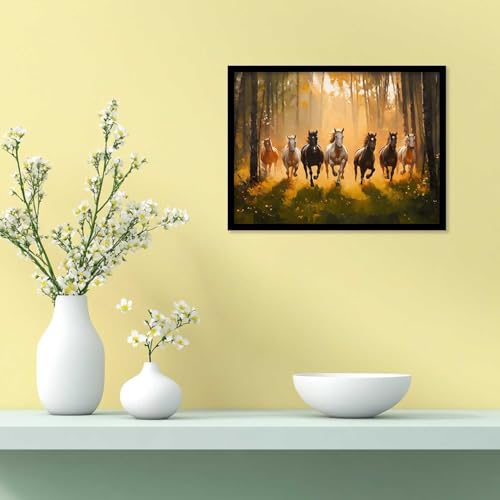 Image of HOTHOUSE 7 Horses Vastu Frame Wall Art Painting for Living Room Bedroom Office Home Decor | Seven Running Vastu Lucky Horse Rising Sun Painting Wall Decor Size (10X13 inch)