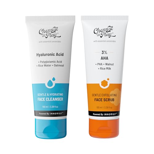 Image of Chemist At Play Gentle & Hydrating Face Cleanser + Gentle Exfoliating Face Scrub with Mandelic Acid & Walnuts| Hydrates Dull & Dry Skin | Prevents Acne & Removes Excess Oil | For Men & Women | (100ml each) | Pack of 2