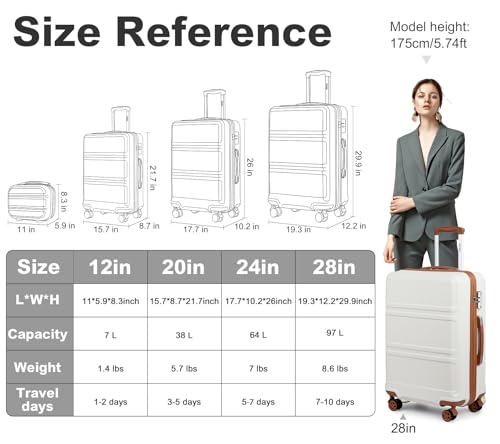 Kono 4 Piece Luggage Sets Lightweight with Spinner Wheels TSA Lock Hardside Travel Rolling Suitcases 20in 24in 28in Carry on and 12in Mini Cosmetic Case Cream White - Image 3