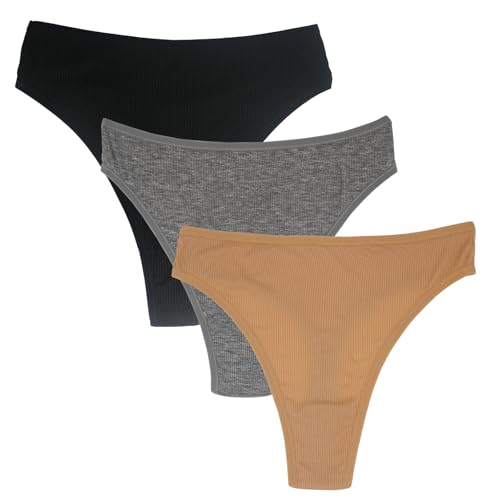 Image of High Waisted Cotton Thongs Underwear For Women Breathable Sport Athletics Panties High Rise Plus Size Multipack