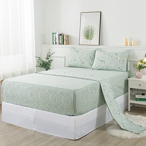 Fadfay Green Sheets Queen Teal Bedding Floral Bed Sheets Natural Cotton Paisley Printed Sheets Leaf Pattern Light Teal Sheets Luxury Soft Breathable Deep Pocket Fitted Sheets, Queen #TOP2