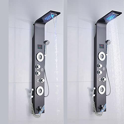 Sistema de columna de ducha de acero inoxidable, cabezal de ducha con LED de tipo lluvia y cascada, grifería de 5 funciones con jets negro miniatura 1