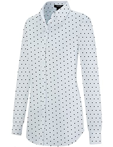 Tapata Camisas con Botones para Mujer, Blusas clásicas de Manga Larga, Blusas elásticas para el Trabajo Negocios Elegantes, Blanco Negro Lunares, Large