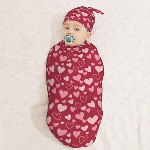 Image of Red Heart Newborn Swaddle Blanket with Beanie Set Soft Baby Sleep Sack Stretch Adjustable Swaddle Wraps Receiving Blankets