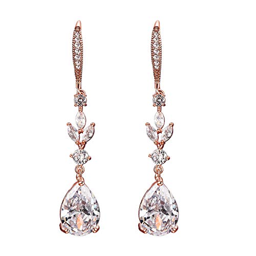 SWEETV Wedding Cubic Zirconia Earrings for Women, Brides, Bridesmaids -Teardrop Crystal Rhinestones Dangle Earrings, Rose Gold