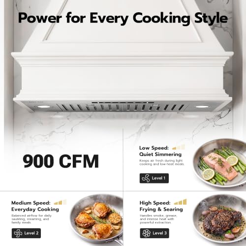 Image of 36 inch Insert Range Hood 900 CFM, with Gesture & Touch Control | Quiet, Stainless Steel, Baffle Filters, LEDs, Ducted /Ductless Convertible, Delay Shut-off