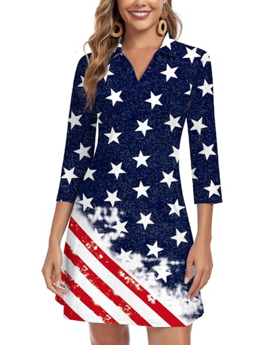Image of WOWENY 3 /4 Sleeve Dress for Women with Pockets V Neck UPF 50+ Casual Sun Dress Breathable Quick Dry Beach Vacation