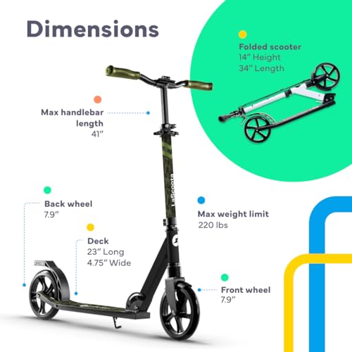 Image of LaScoota Kick Scooter for Kids Ages 6+, Teens & Adults, Large 8 inch Sturdy Urethane Wheels. Adjustable Handlebar, Lightweight, Foldable, 220lbs Max Load