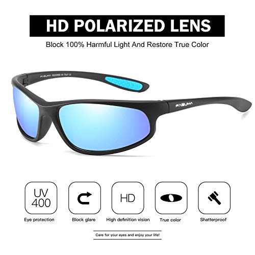 Image of FAGUMA Polarized Sports Sunglasses For Men Cycling Driving Fishing UV400 Protection, Matte Black Frame /Blue Mirrored Lens, Standard
