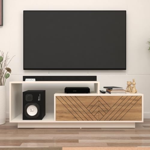 Image of Caspo TV Unit with Designer Shutters | Storage Cabinets | Engineered Wood TV Entertainment Unit | Dual Tone: Wood Oak Light and Frosty White | Do-It-Yourself (DIY)