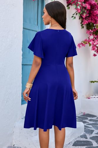 Image of FANDEE Women's Casual Midi Dress Wedding Guest Dresses for Chuch Cocktail Ruffle Short Sleeve A-Line V Neck with Belt Blue