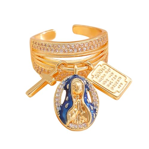 Rxgiasup Anillos ajustables de cobre con crucifijo con circonitas brillantes, accesorios para los dedos para mujeres y niñas, anillos de crucifijo
