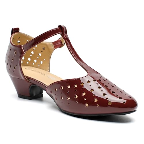 Image of MAIERNISI JESSI Women's T-Strap Mary Jane Pumps, Low Block Heel, Closed Toe, Buckle Ankle Strap