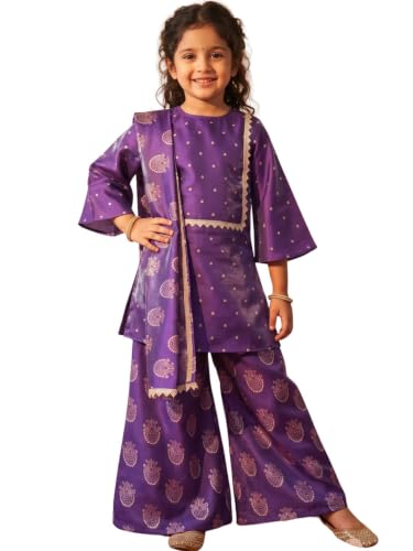 Image of AJ DEZINES Ethnic Wear Sharara Suit Set For Girls|Punjabi dress for Kids|Silk Blend Girls Salwar Suit|Traditional Patiala Outfit|Stylish Kids Kurta for Festivals Weddings & Special Occasions