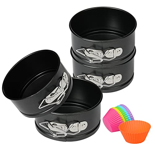 4pcs Springform Cake Pan - 4 Inch Steel Nonstick Leakproof Round Cheesecake Pans baking pan Removable Bottom Bakeware for Smash Cake, Individual Pie, Mini Cheesecake with 6 Mini Silicone Cupcake Molds