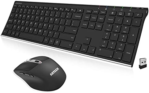 Arteck 2.4G Wireless Keyboard and Mouse Combo Stainless Full Size Keyboard and Ergonomic Mouse with Side Buttons for Computer Desktop PC Laptop and Windows 11/10/8/7 Build in Rechargeable Battery
