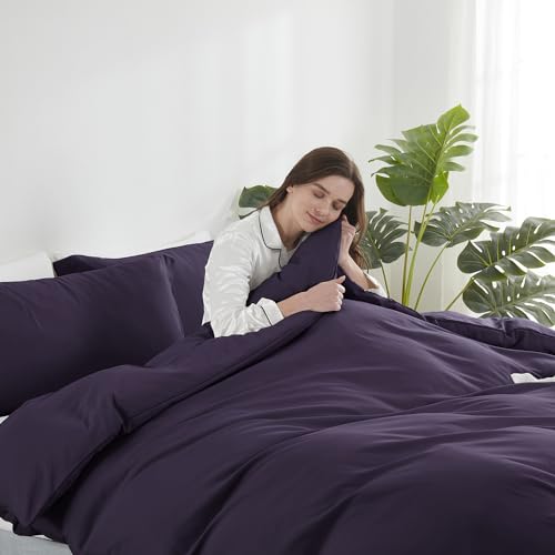 Image of Hearth & Harbor Purple Duvet Cover Full Size, 3 Piece Bedding Set | Soft Double Brushed Bedding Set, Button Closure, 1 Duvet Cover 80x90 Inches, 2 Pillow Shams