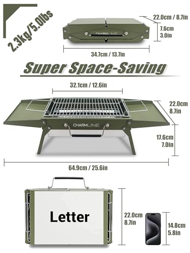Image of Charmline 14 x 9 inches Small Portable Charcoal BBQ Grill, Foldable Compact Camping Barbecue for 1-3 People, Ideal for Camping, Tailgating, Beach, Picnic & Tabletop Use, Green