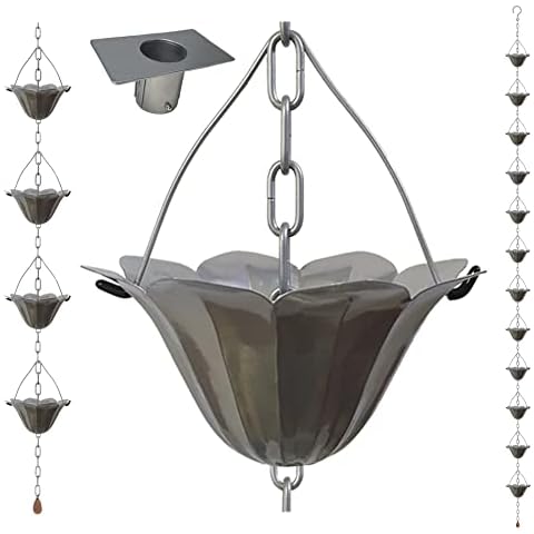 LEPTALINA 8.5FT Lotus Silver Color Iron Rain Chains for Gutter and Rain Barrel, Rust-Resistant Plated Garden Décor Rain Chain for Downspout, Bonus Rain Chain Gutter Adapter Cover
