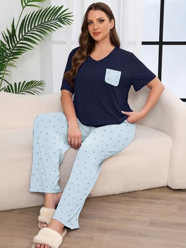 AusLook Plus Women Pajamas Set 2 Piece Lounge Sets Short Sleeve Top and Full Length Pant Chest Pocket Matching Maternity Christmas Print Lamb Print Light Blue 5X Pjs Loungewear Sleepwear — view 5