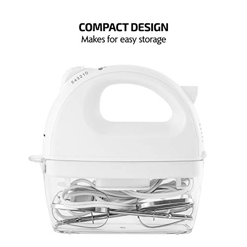 Image of Ovente Portable Electric Hand Mixer 5 Speed Mixing, 150W Powerful Blender for Baking & Cooking with 2 Stainless Steel Chrome Beater Attachments & Snap Clear Case Compact Easy Storage, White HM161W
