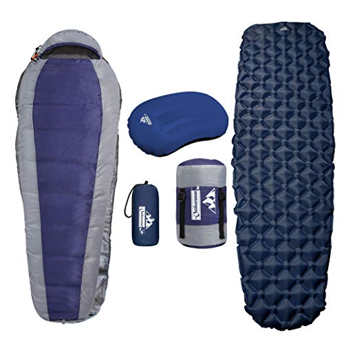 Outdoorsman Lab Mummy Sleeping Bag Sleeping Pad and Pillow Bundle for Adults