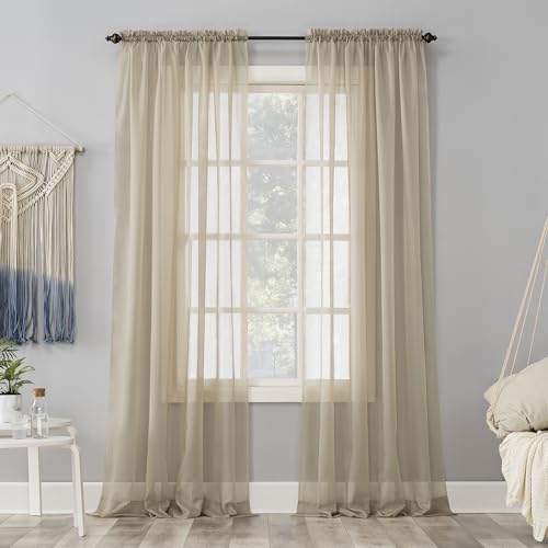 Image of No. 918 Emily Sheer Voile Rod Pocket Curtain Panel, 59 inch x 84 inch, Stone