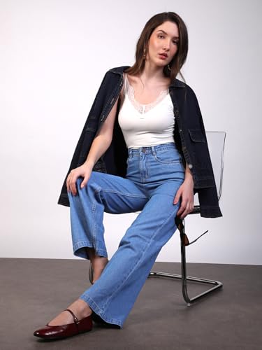 Image of Urbano Fashion Women's High Rise Regular Fit Wide Leg Washed Jeans