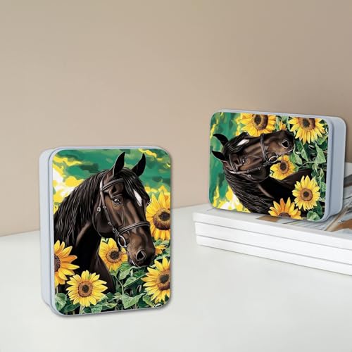 Image of Metal Tin Box with Lid for Game Cards Home Large Organizer Candles Keys Crafts Storage - Comes with 4 Magnetic Cord Clips，Horses and Sunflowers