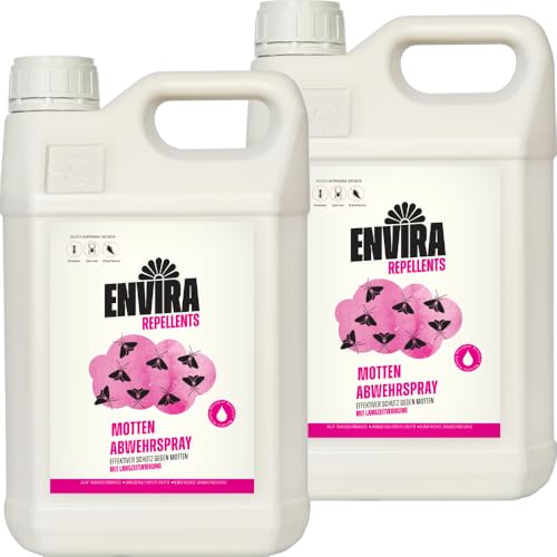 Envira Motten Abwehrspray 2 x 5 Liter - Spray mit Langzeitwirkung gegen Motten, Kleidermotten & Lebensmittelmotten - Mottenschutz für Kleiderschrank - Mittel gegen Motten in der Wohnung