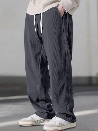 Image of Pinkmint Men's Stretchable Ribbed Track Pants | Poly Lycra Relaxed Fit Trousers | Elastic Waist Drawstring Joggers | Casual, Gym, Lounge Wear for Men