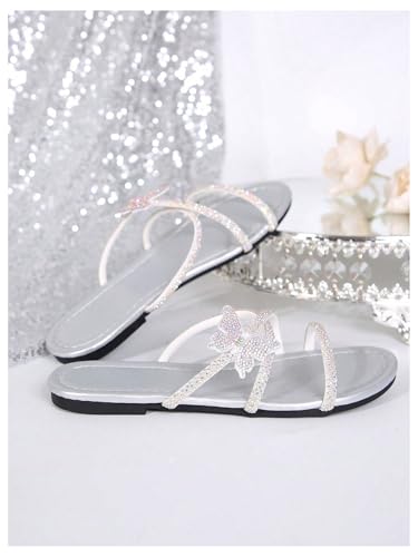 OYOANGLE Women's Butterfly Rhinestone Shiny Slide Sandals Strappy Slip on Flat Sandals Dressy Casual Sliders2