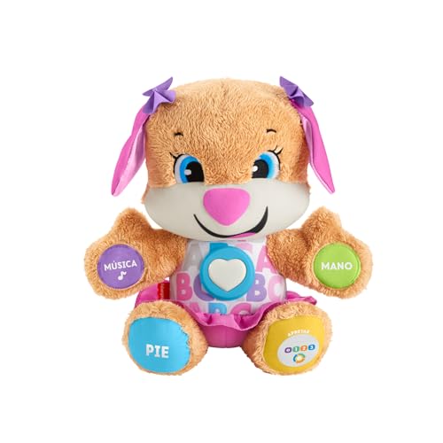 Fisher-Price Ríe y Aprende Perrita Primeros Descubrimientos, Peluche Interactivo con Luces y Sonidos, Juguete bebé +6 Meses, versión español (FPP55)