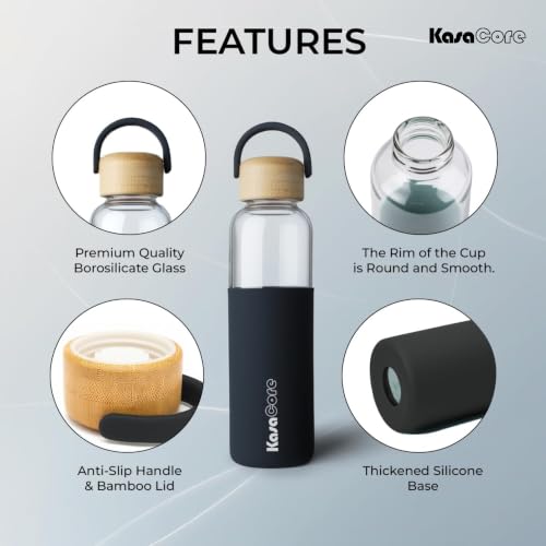 Image of Borosilicate Glass Water Bottle 500 ml | Leakproof Bamboo Lid & Silicone Sleeve | BPA Free Reusable Drinking Bottle for Office, Gym, Travel & Daily Use (Black)