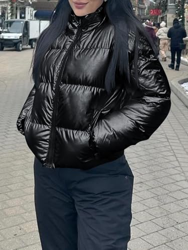 Tankaneo Womens Cropped Shiny Puffer Jacket Lightweight Quilted Stand Collar Winter Warm Down Coat2