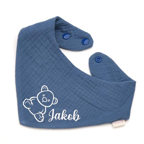 Personalisiertes Dreieckshalstuch aus Baumwolle/Musselin | Teddybär mit Namen | Halstuch für Jungen, Mädchen | Viele Farben (Indigo)