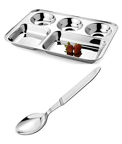 New Trend 5 in1 Round Extra Deep Compartment Divided Plate, Thali, Bhojan Thali, Mess Tray, Dinner Plate Set Kitchen & Dining Diwali Gifts Accessories with Spoon (Pack of 1)