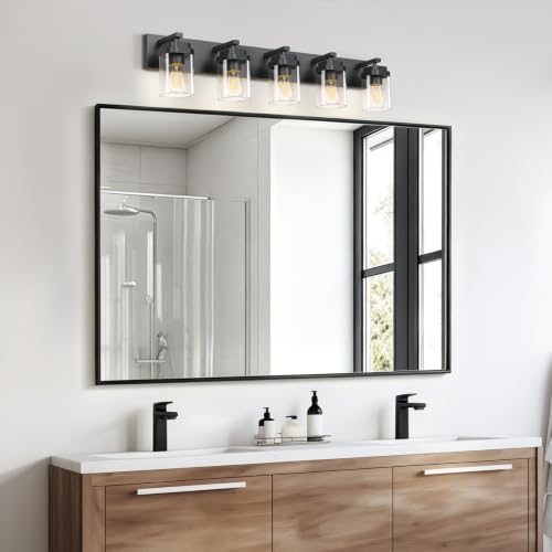 Image of Black Bathroom Light Fixtures, 5 Lights Bathroom Lighting Fixtures Over Mirror, Square Design & Rectangle Large Backplate, Modern Vanity Lighting Fixtures, for Bathroom /Living Room /Bedroom
