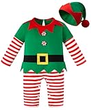 LENSOUS Infants Baby Christmas Elf Costume Santa's Helper Cosplay Dress Up Uniform with Hat (Red, 6-12 Months)