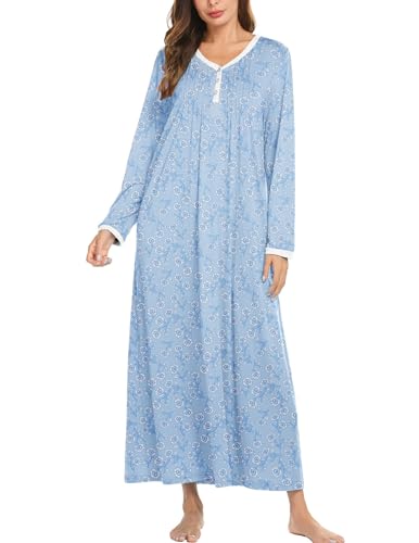 Ekouaer Cotton Nightgowns for Women Long Sleeve Nightgown Full Length Night Gown Soft Comfy Nightdress Button Sleep Shirts
