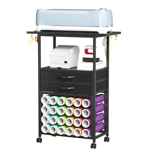 Image of VENNQD Organizer and Storage Stand Compatible with Cricut Machines, Rolling Storage Cart /Shelf with 24 Vinyl Roll Holders, 2 Fabric Drawer, Accessories Holder, Tool Hook for Craft Room Home (Black)