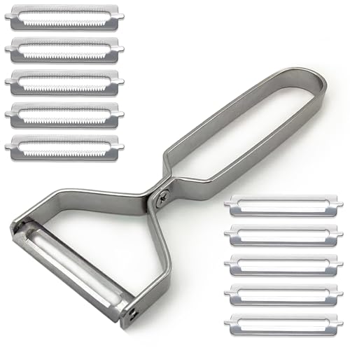 Metal Potato Peeler with 10PCS Replaceable Peeler Blades,Detachable Y Shaped Veggie Peeler for Kitchen,Premium Stainless Steel Fruit Peeler,Ultra Sharp Vegetable Peeler(Silver)